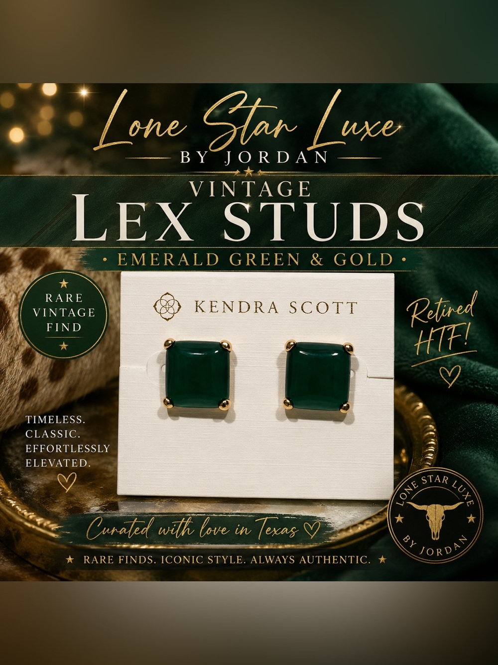 Kendra Scott Vintage Lex Square Stud Earrings in Emerald Green Gold